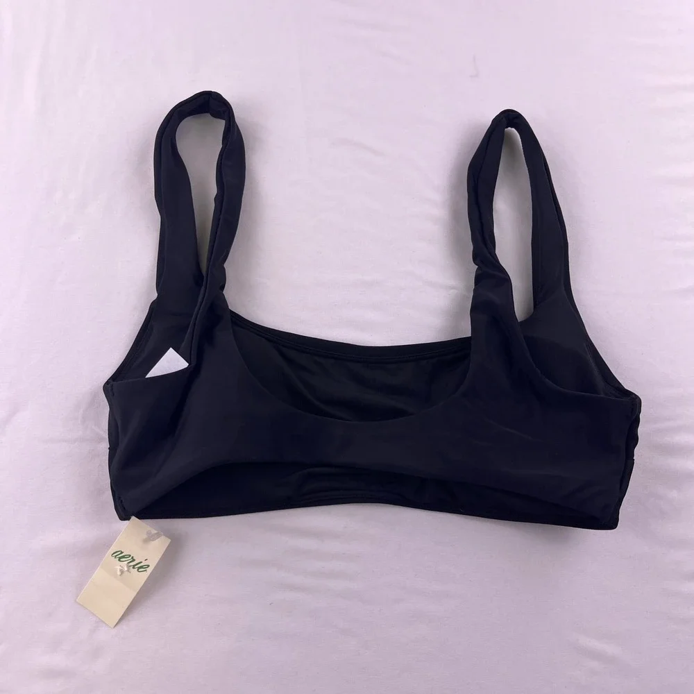 Aerie Scoop Neck Bikini Top Solid Black Wide Strap Swim 1378-073 US S